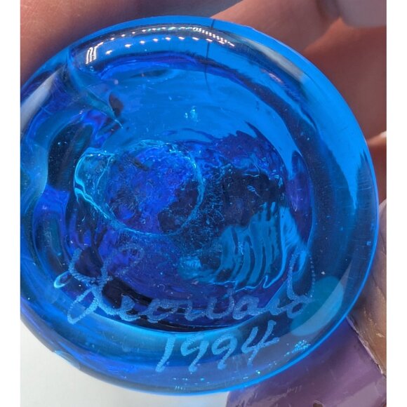 Bluebird of Happiness Leo Ward 1994 Signed Miniature Blue Glass Sculpture 2" - Picture 6 of 7